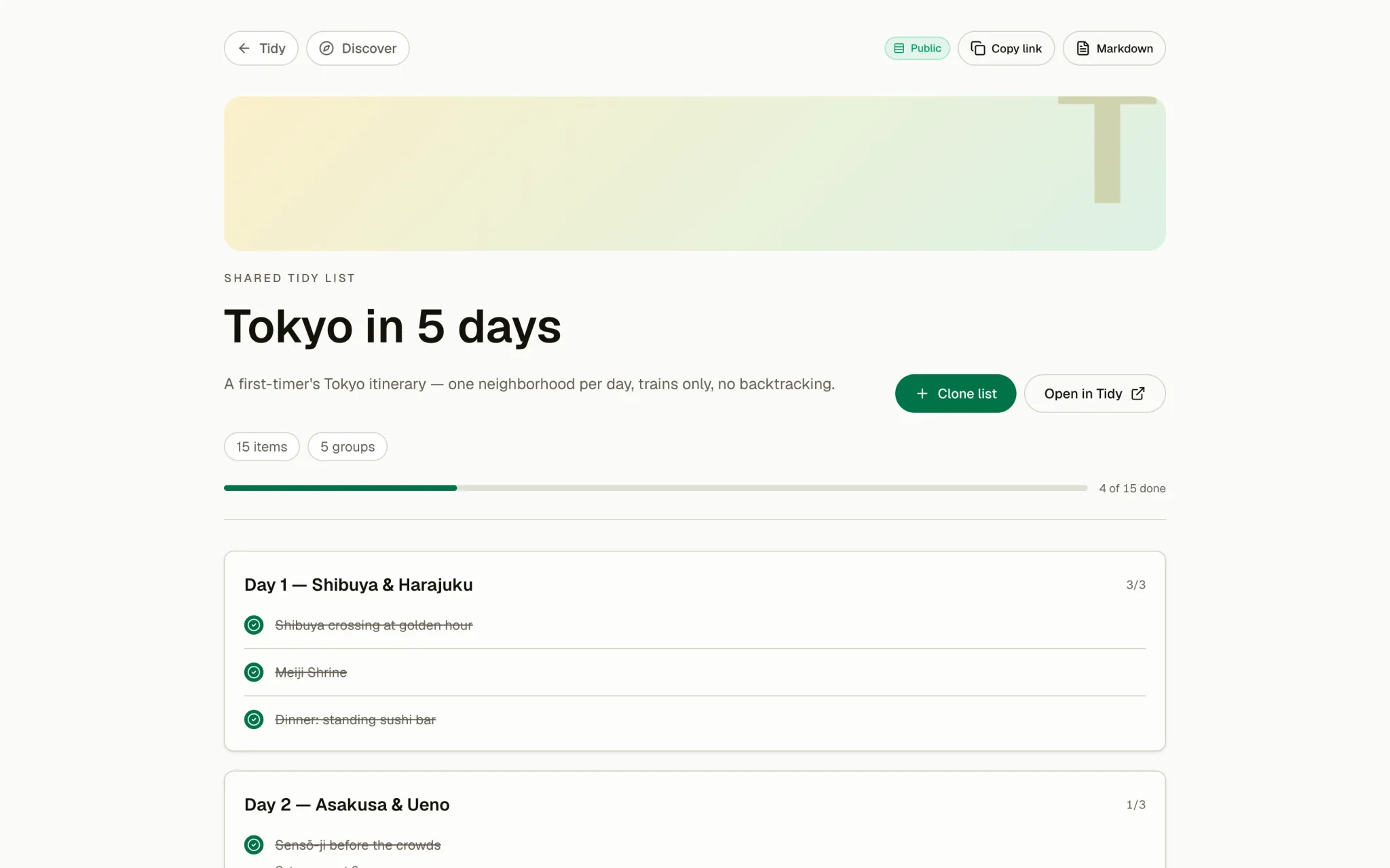 A public Tidy list titled 'Tokyo in 5 days' with a clone button, progress bar, and day-by-day sections.